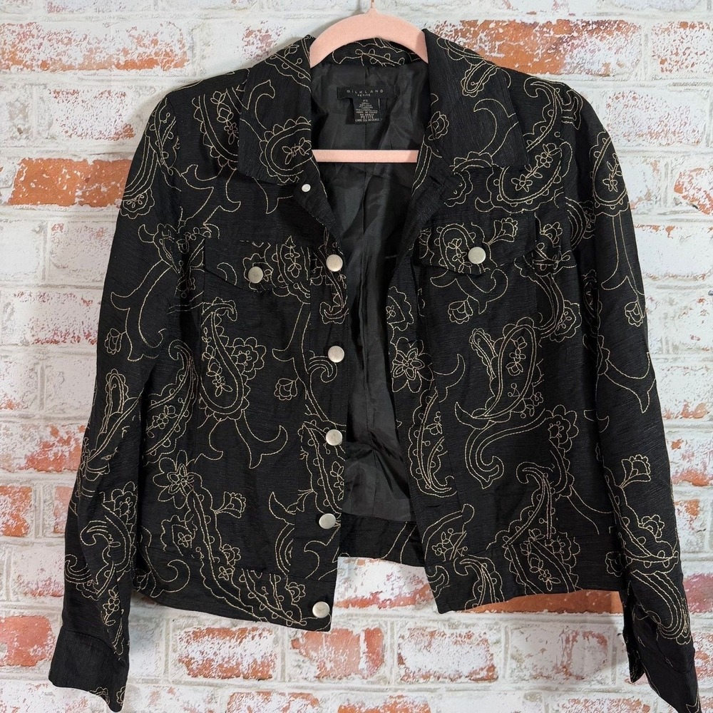 Silkland Paisley Embroidered Jacket Women PS Black Silk‎ Blend Petite Coat